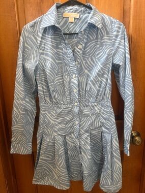 Michael Kors Light Blue and White Zebra-Print Long Sleeve Shirt Dress